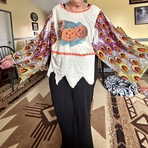 Fun Halloween Pumpkin Top with Colorful Sleeves.  Upcycled handmade!